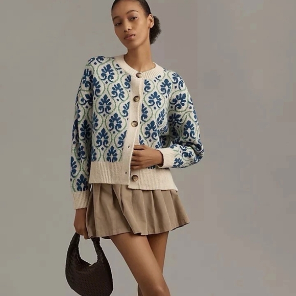 Women's Blue and Cream Patterned Sweater - Picture 2 of 4